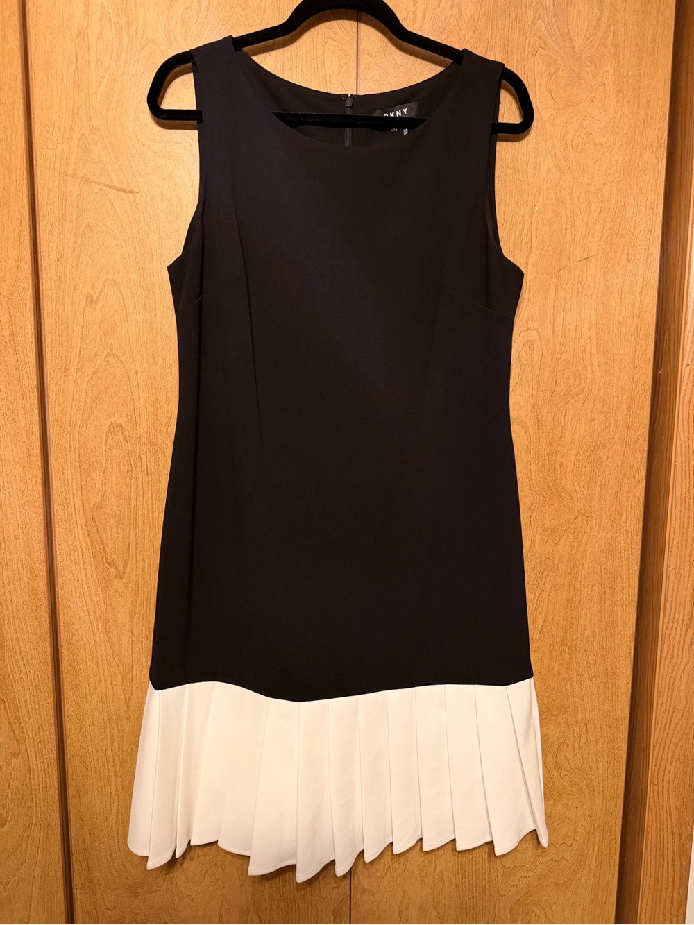 DKNY Black Midi Dress with White Pleated Hem